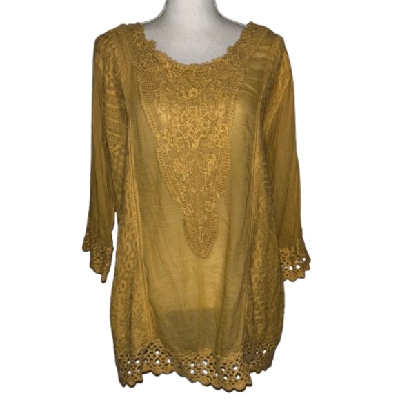 Lace Blouse 3/4 sleeve from INDIA Mustard Orange Boho Womens Top XL light - Picture 1 of 15